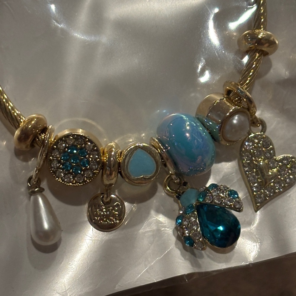 Gold-Tone Charm Bracelet – Blue, Pearl & Crystal Accents - Picture 2 of 6